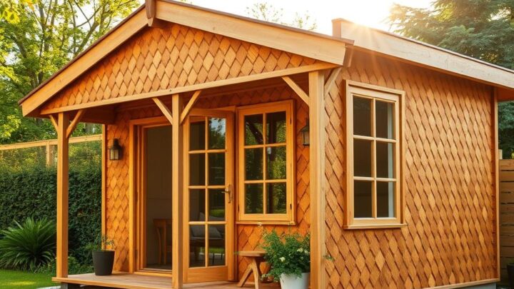 Holz-Gartenhaus mit Rhombus-Leisten verkleiden