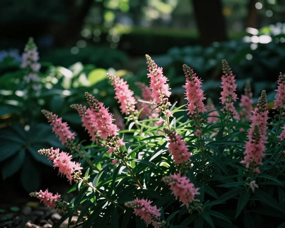 Schattenstauden in rosa Blüten