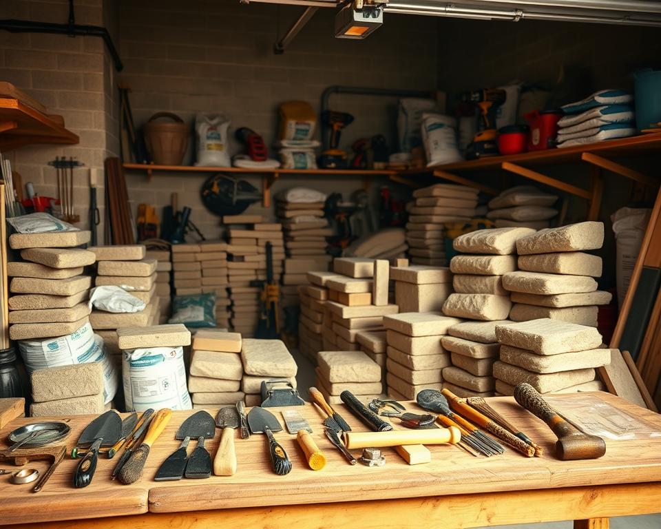 Steingartenhaus Materialien und Werkzeuge