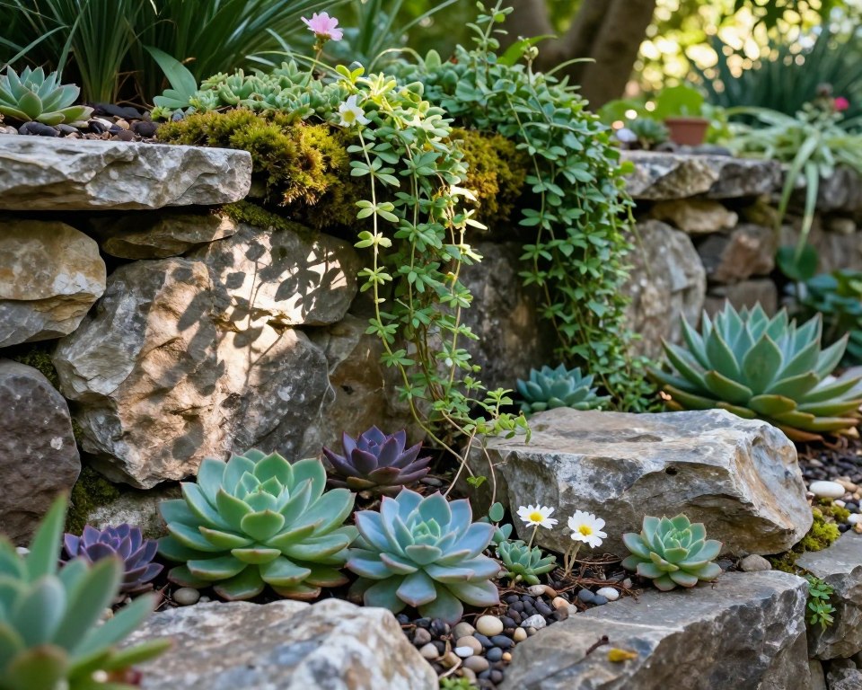 Steingartenpflanzen in Mauerfugen