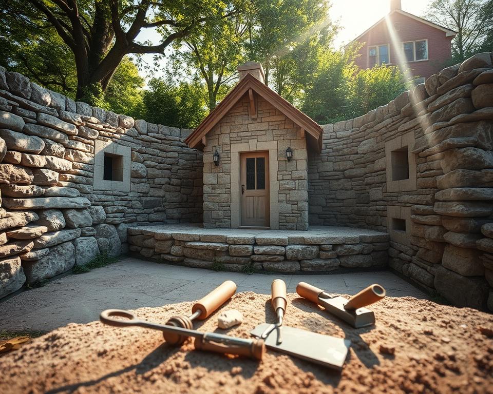 Steinwände mauern Gartenhaus Technik