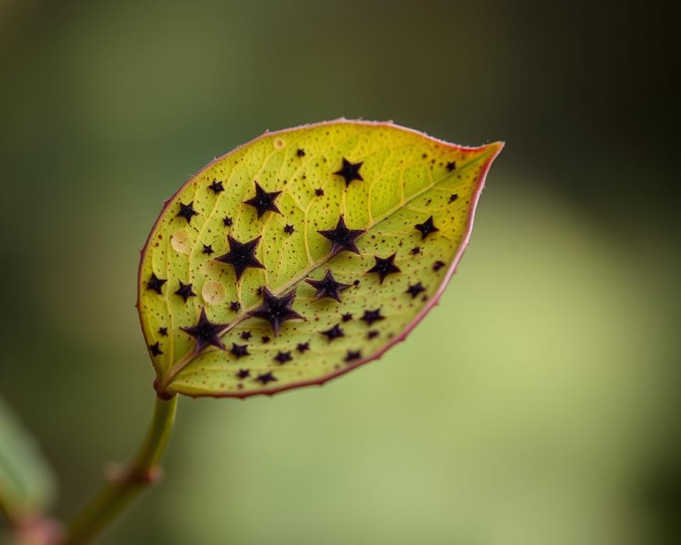 Sternrußtau an Rosenblättern