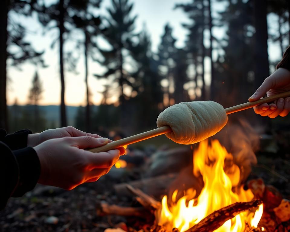Stockbrot Zubereitung am Lagerfeuer