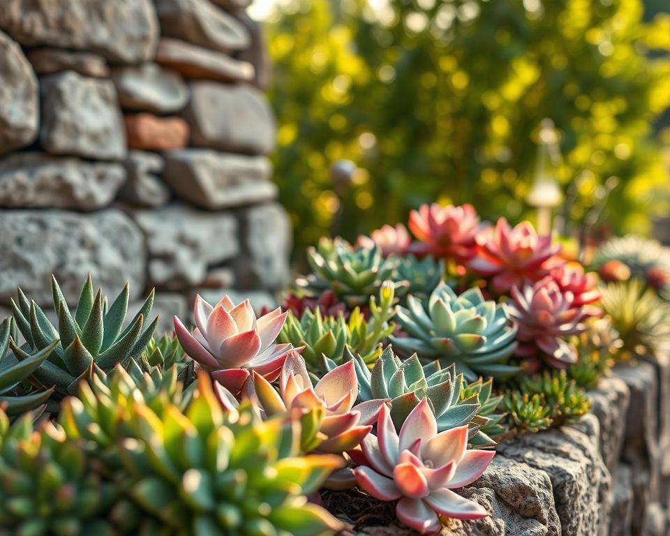Sukkulenten an Natursteinmauer