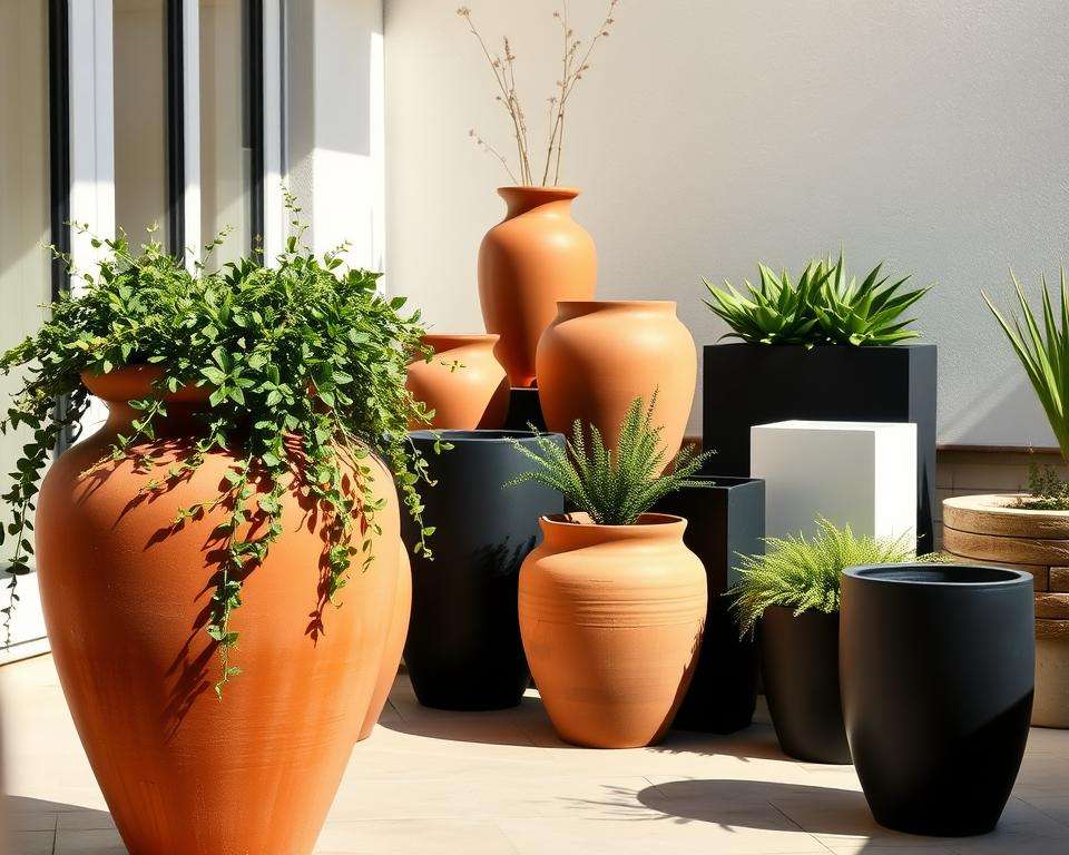 Terrakotta und moderne Pflanzkübel