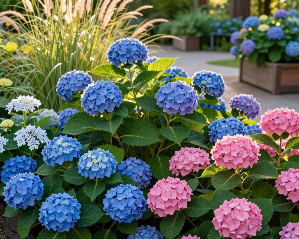 Verschiedene Hortensienarten im Garten