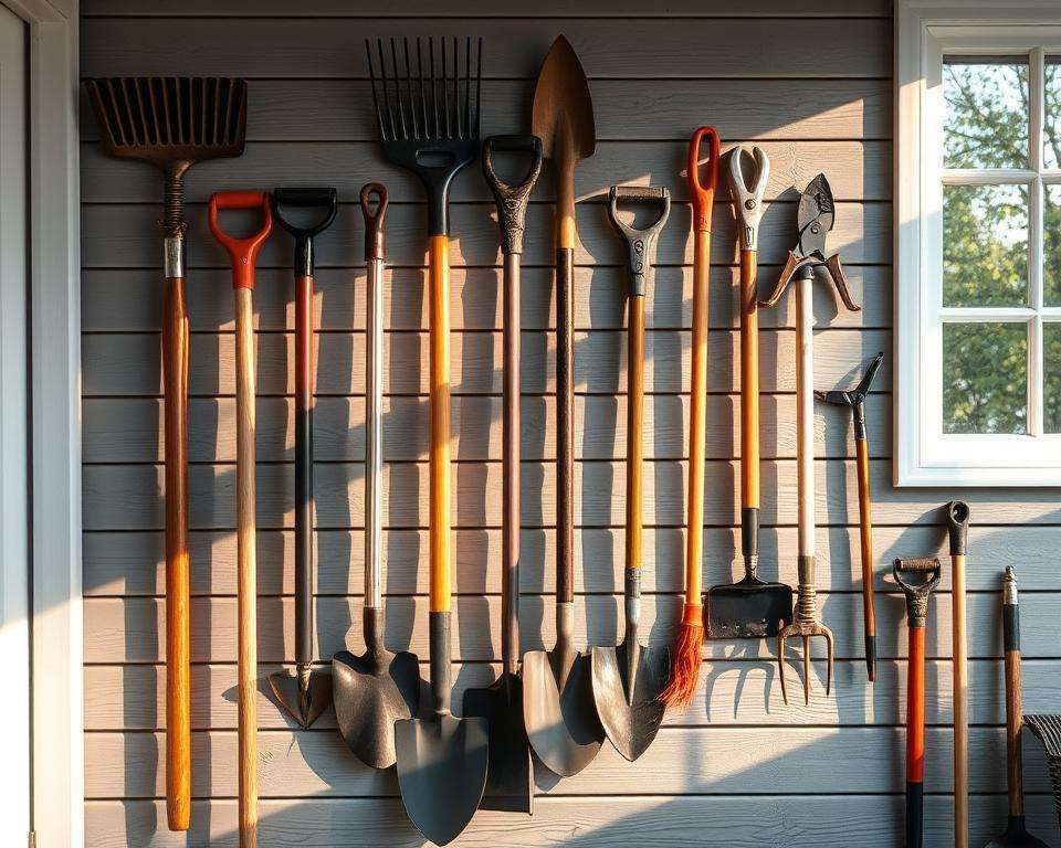 Vertikale Lagerung Gartengeräte an der Wand