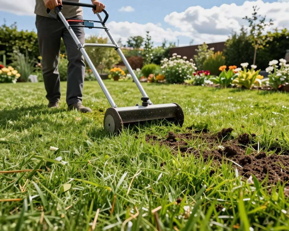 Vertikutierer im Einsatz auf Rasen