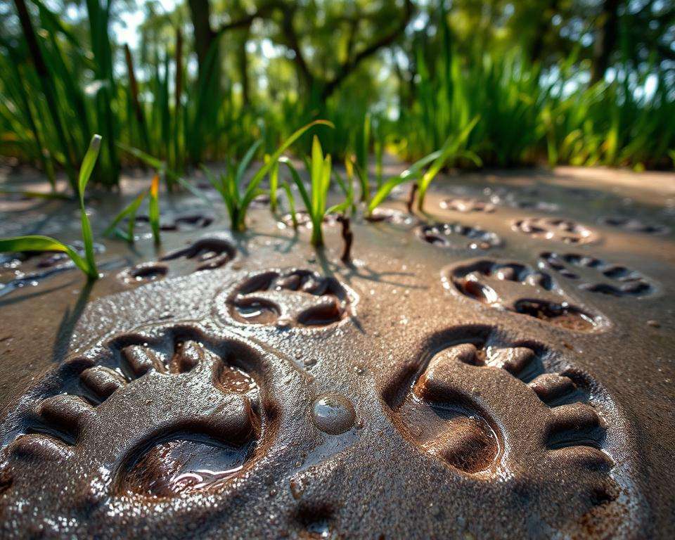 Waschbär Spuren in Feuchtgebieten