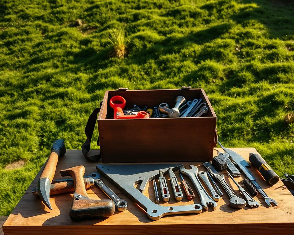 Werkzeuge für Gartenhausbau am Hang