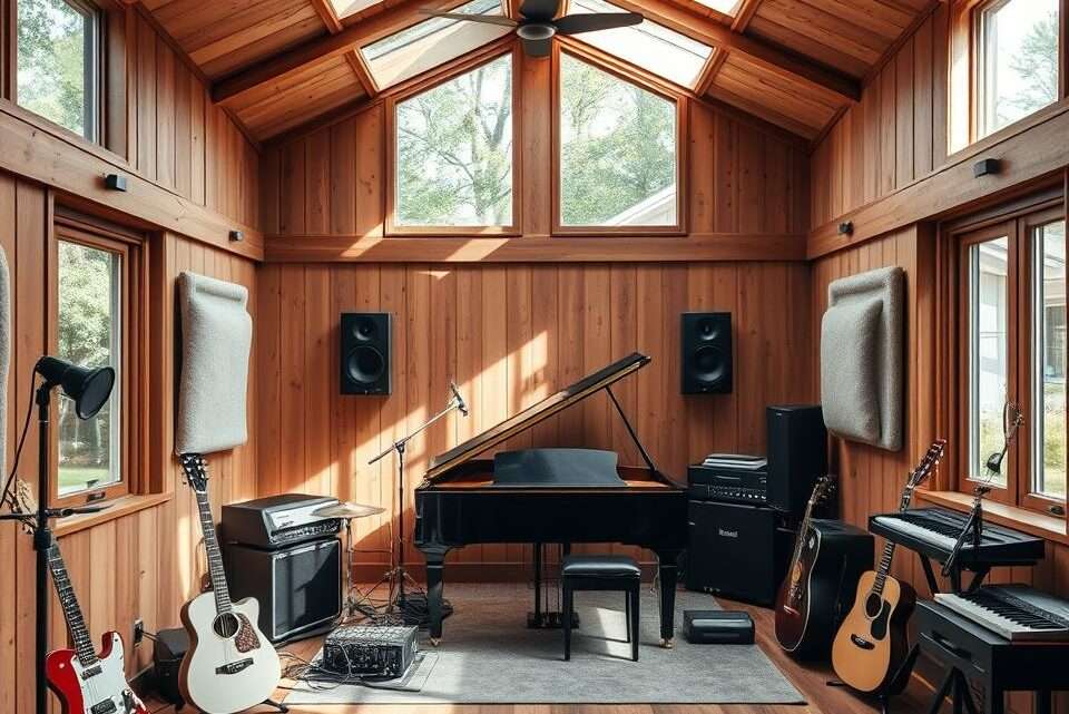 Wie man ein Holz-Gartenhaus als Musikstudio im Garten für Proben und Aufnahmen einrichtet