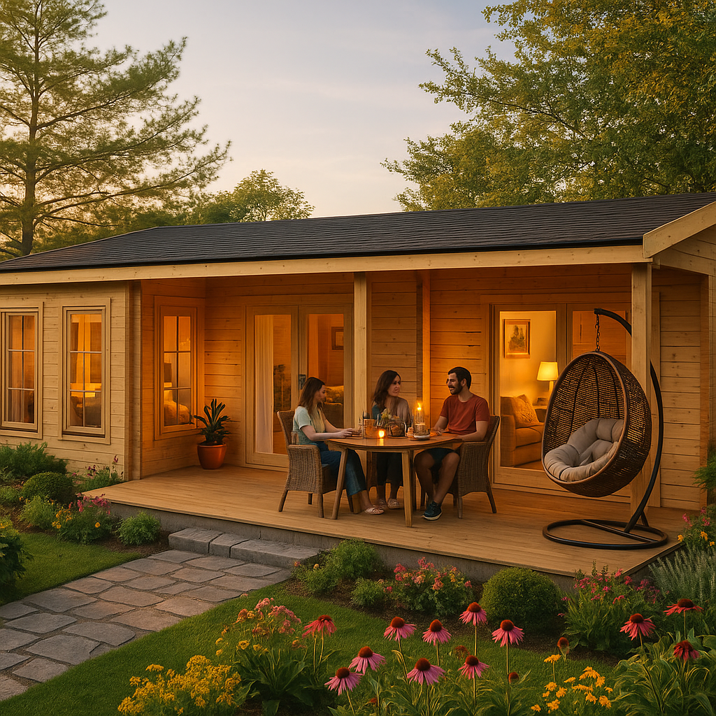 Blockhaus mit Terrasse “Hansa Holiday C” 11x6m | Blockhaus als Ferienhaus kaufen | Großes Gartenhaus aus Holz mit Schlafboden, mit Sonnendach, mit Terrasse