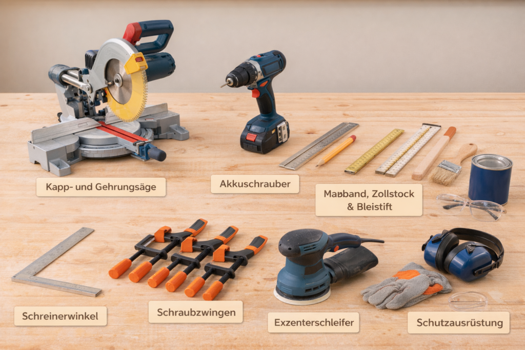 Werkzeugliste für die Gartenbank mit Stauraum bei der Bauanleitung „Gartenbank mit Stauraum selber bauen – Bauanleitung Schritt für Schritt“