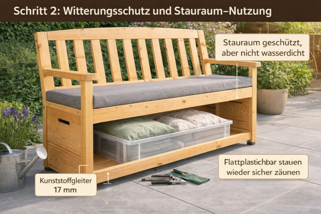Witterungsschutz und Stauraum-Nutzung bei der Gartenbank mit Stauraum bei der Bauanleitung „Gartenbank mit Stauraum selber bauen – Bauanleitung Schritt für Schritt“