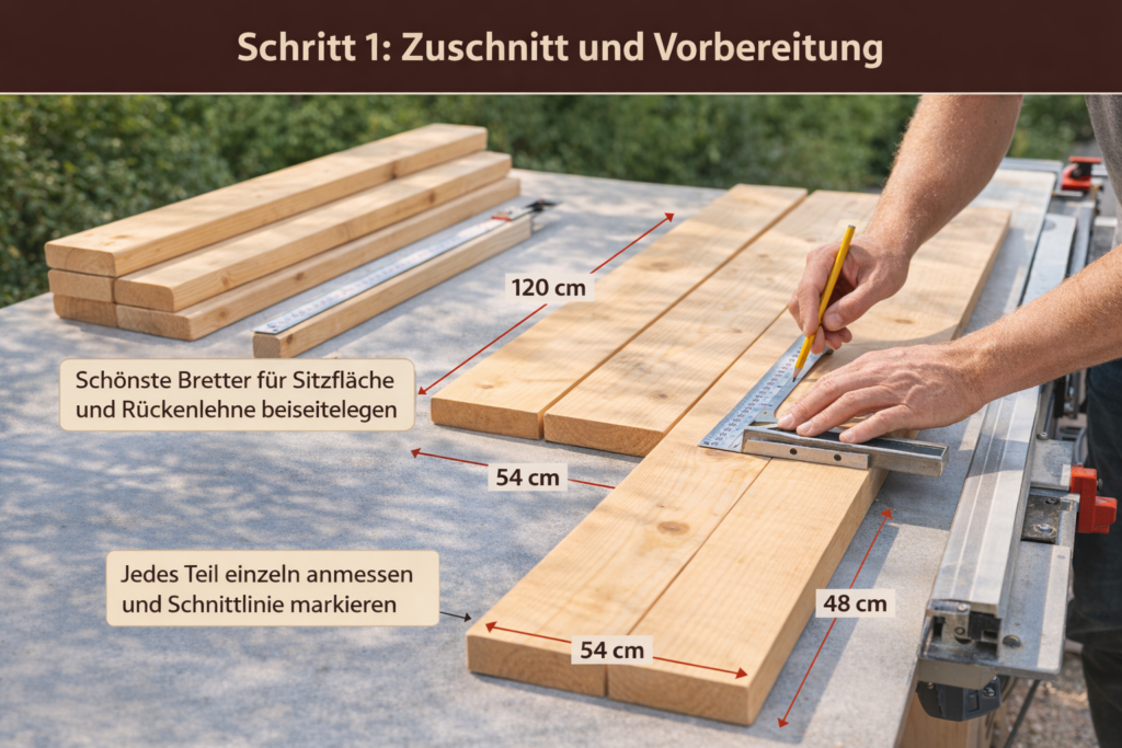 Zuschnitt und Vorbereitung der Gartenbank mit Stauraum bei der Bauanleitung „Gartenbank mit Stauraum selber bauen – Bauanleitung Schritt für Schritt“