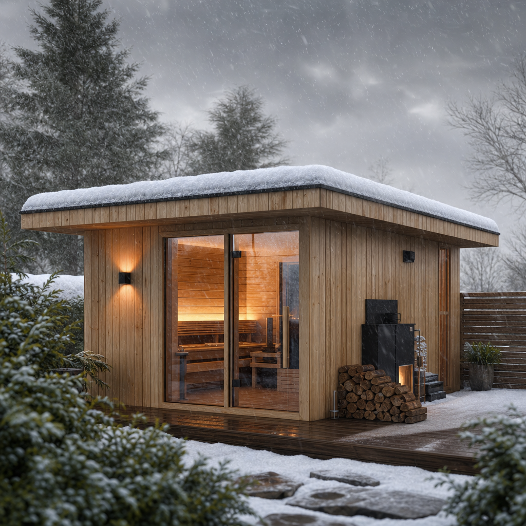 Gartensauna mit Flachdach für Schnee, Wind und Regen planen