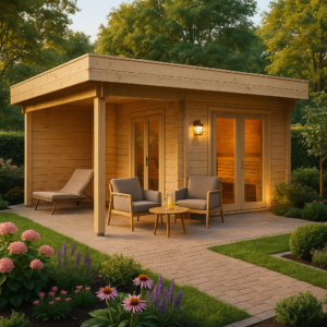 Gartensauna “Mini Hansa Sauna Lounge” 5x5m | 5x5m große Gartensauna mit Vorraum | Outdoor-Sauna kaufen | Saunahaus aus Holz mit Sonnendach, mit Terrasse, mit Sauna Unkategorisiert online kaufen Gartensauna “Mini Hansa Sauna Lounge” 5x5m | 5x5m große Gartensauna mit Vorraum | Outdoor-Sauna kaufen | Saunahaus aus Holz mit Sonnendach, mit Terrasse, mit Sauna Unkategorisiert online kaufen
