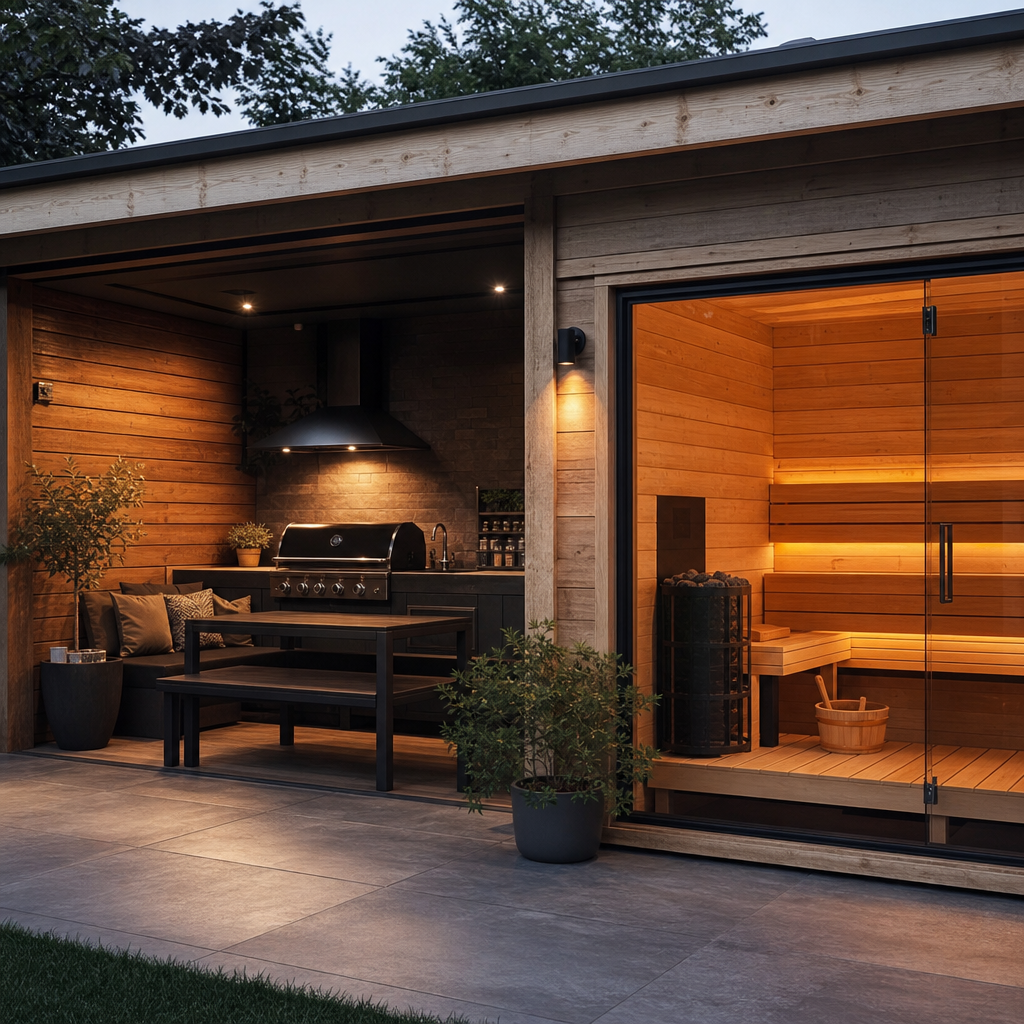Grillbereich und Sauna in einem Holzhaus sicher zonieren