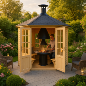 Grillhütte “Seattle” 3x3m | Sechseckige Garten-Grillhütte mit Sitzgelegenheiten und Holzkohlegrill | Indoor-Garten-Grill Unkategorisiert online kaufen