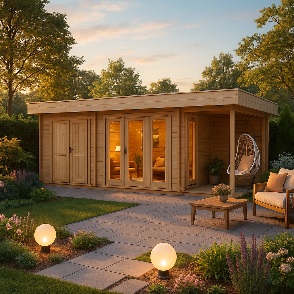 Großes Gartenhaus “Hansa Lounge XXL” 8x5m | Luxus-Gartenhaus mit Terrasse | Modernes Gartenhaus mit 5x8m Außenmaß und Anbau mit Schuppen, mit Sonnendach, mit Terrasse