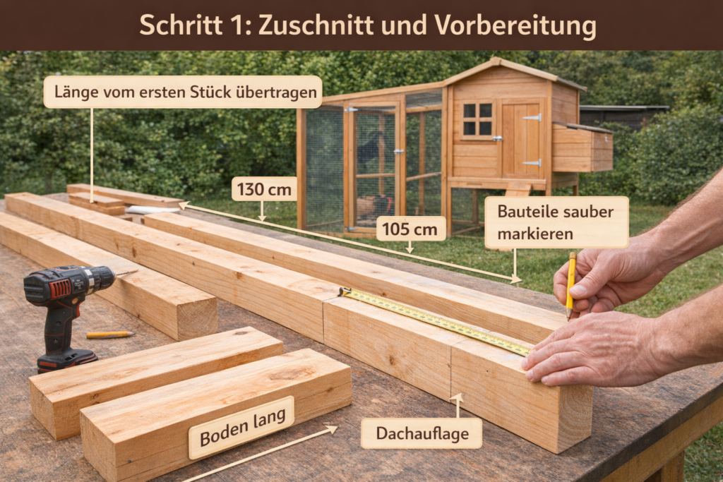 Zuschnitt und Vorbereitung für den Hühnerstall bei der Bauanleitung „Hühnerstall selber bauen – Bauanleitung Schritt für Schritt“