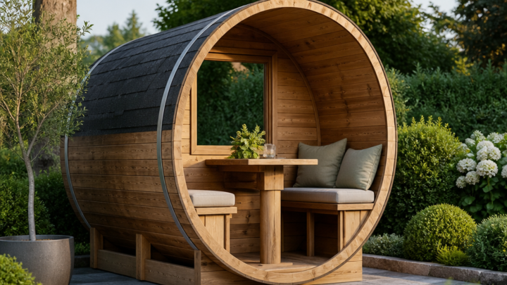 Kompakte Holzfässer als Sitzplatz im Garten planen