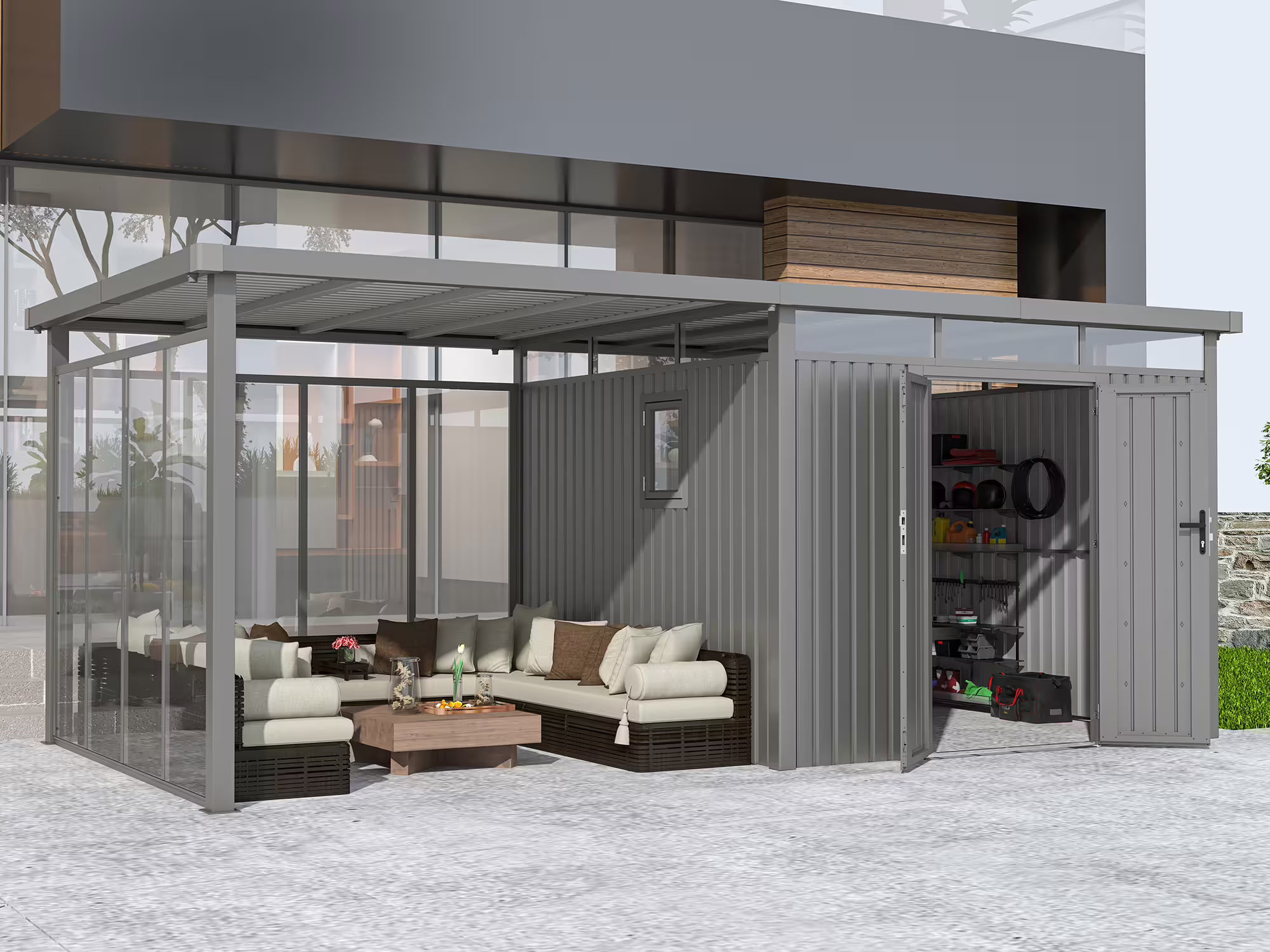 Metall Gerätehaus Modell Style 7,56 m² Spar-Set-5| Rabatt: 36%|4x3m
