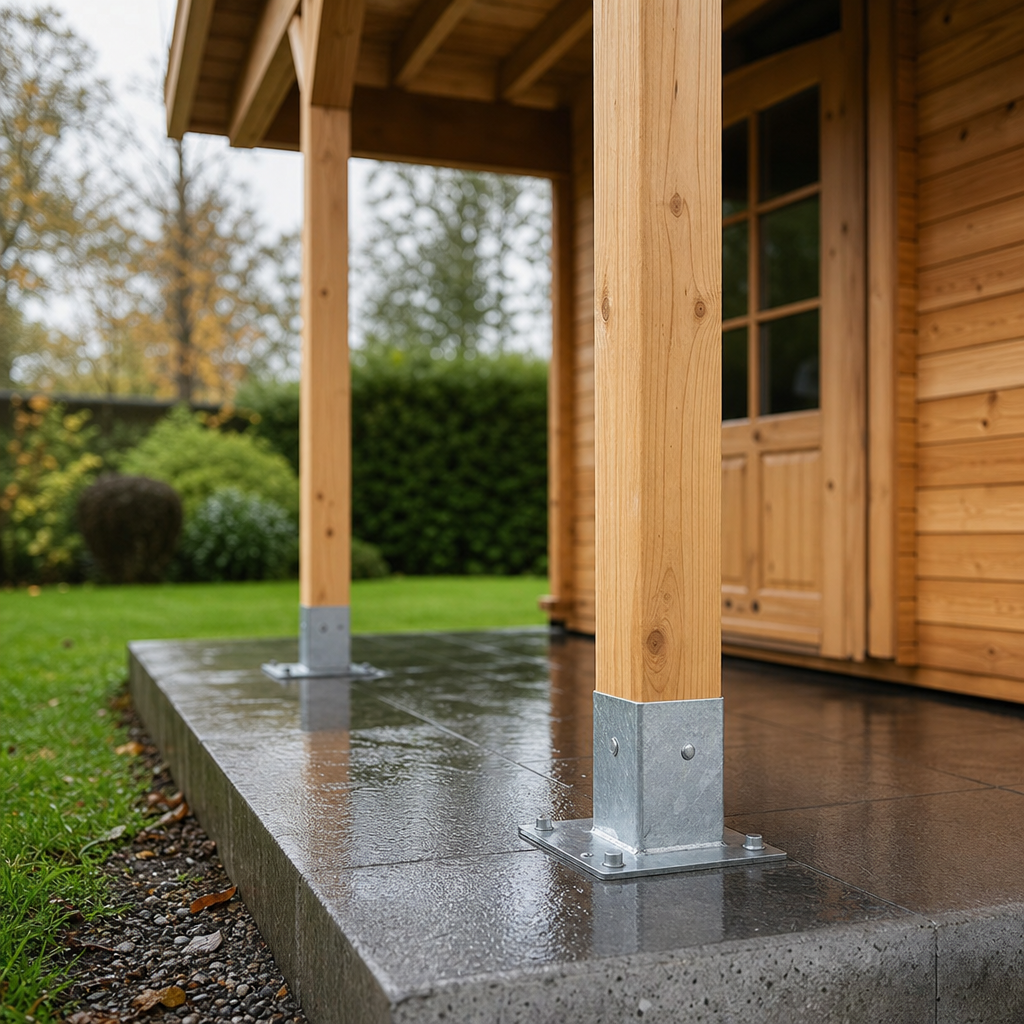 Pfostenfüße am Gartenhaus-Vordach vor Feuchte schützen