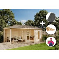 Premium Set 5-Eck Gartenhaus Liwa mit Terrasse inkl. Montage