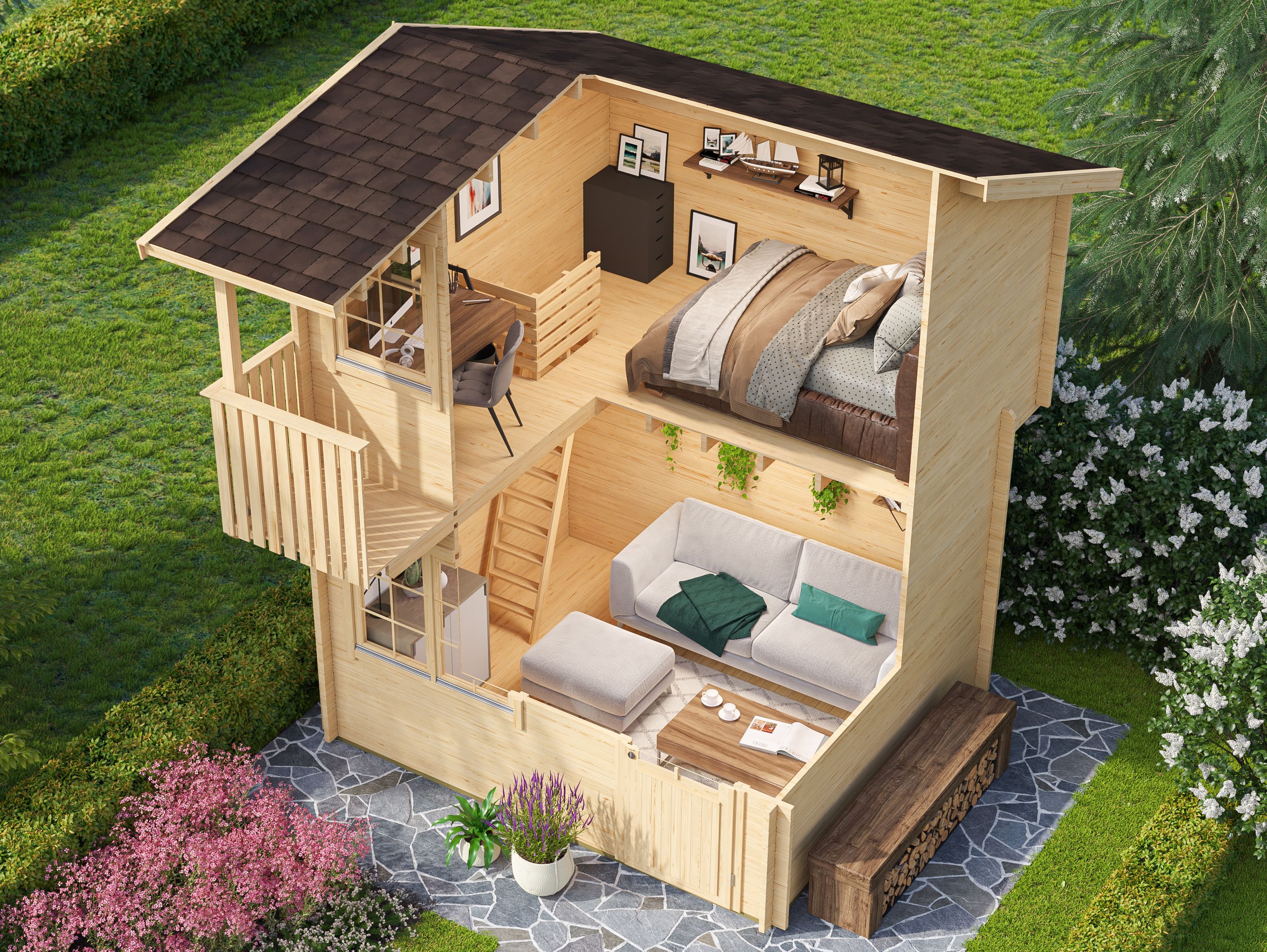 2-stöckiges Fjordholz Satteldach Gartenhaus Modell