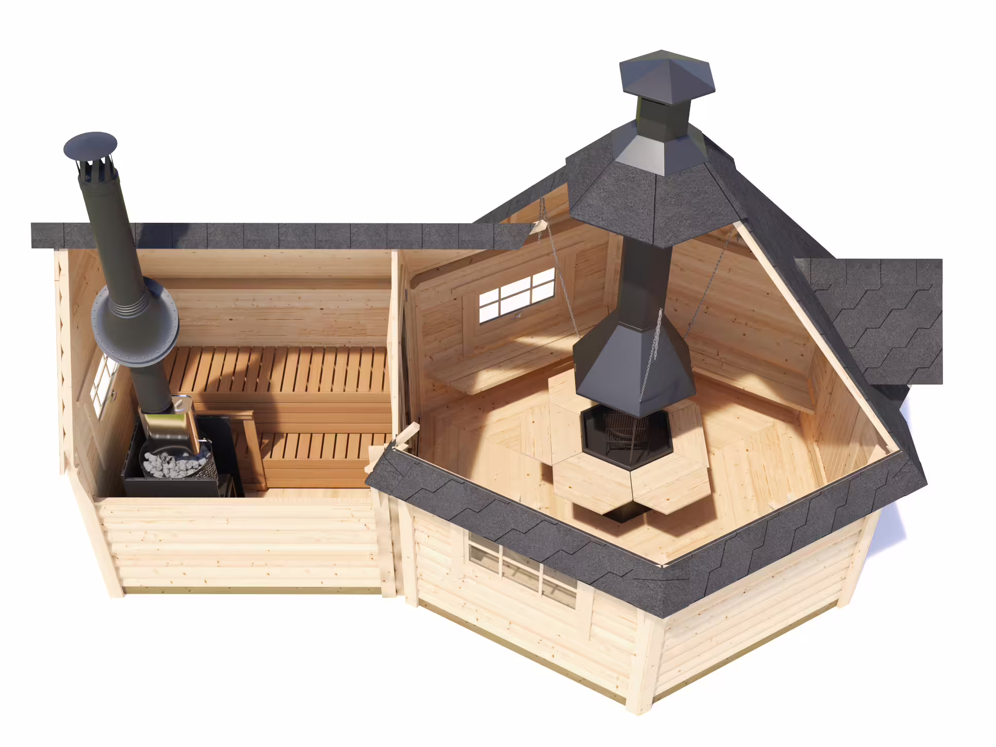 2x2m Fjordholz Grillkota mit Sauna Modell Finn 9+4m² 2x2m Fjordholz Grillkota mit Sauna Modell Finn 9+4m²