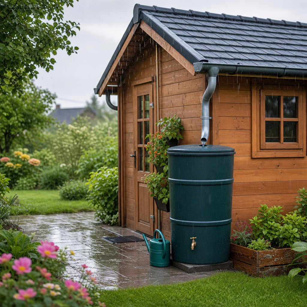 Regenwasser vom Gartenhausdach sammeln und im Garten nutzen