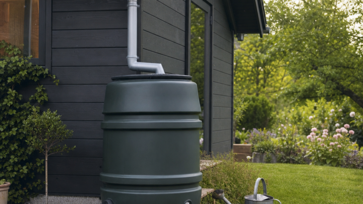 Regenwassernutzung am Gartenhaus mit Speicher und Überlauf