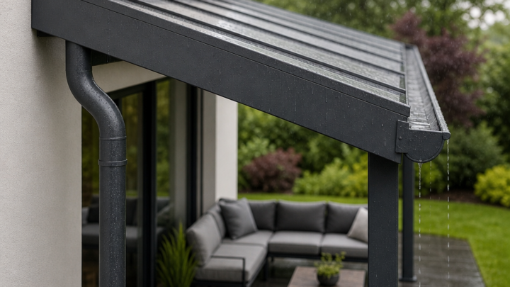 Terrassenüberdachung aus Aluminium: Wandanschluss, Dachgefälle und Regenrinne